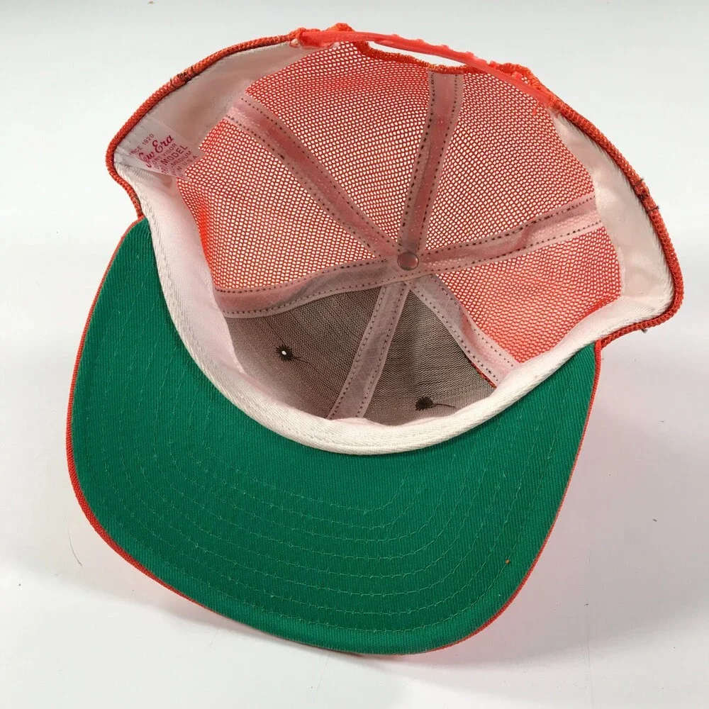 Vintage New Era Trucker Hat Boys Youth Size Orange Brim Brown Front Mesh Back